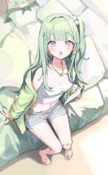 Rule 34 | 1girl, :o, absurdres, bandaid, bare legs, bare shoulders, barefoot, bed, blue eyes, blush, breasts, crop top, from above, gradient eyes, green hair, hair ornament, hairclip, highres, jacket, jewelry, long hair, looking at viewer, midriff, multicolored eyes, navel, necklace, one side up, open mouth, pillow, purple eyes, seorang, short shorts, shorts, sitting, solo, stellive, virtual youtuber, yuzuha riko