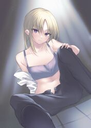 Rule 34 | 1girl, blonde hair, highres, kashisu, long hair, looking at viewer, magia record: mahou shoujo madoka magica gaiden, mahou shoujo madoka magica, navel, on floor, purple eyes, purple tank top, shadow, sitting, solo, tank top, tile floor, tiles, yukino kanae
