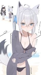 absurdres ahoge anger_vein animal_ear_fluff animal_ears bikini black_bikini black_hair blue_eyes blush braid breasts commentary_request earrings extra_ears fox_ears fox_girl fox_tail hair_between_eyes highres holding holding_phone hololive jewelry long_hair looking_at_viewer medium_breasts ookami_mio ookami_mio_(casual) phone red_hair shirakami_fubuki sidelocks single_braid swimsuit tail translation_request two_side_up virtual_youtuber watatabeseeds wavy_mouth white_hair wolf_ears wolf_girl