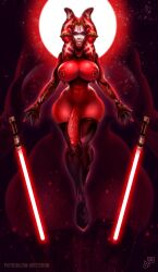 1girl abs alien artist_name black_boots boots breasts colored_skin energy_sword full_body futanari highres large_breasts large_penis lightsaber looking_at_viewer mister69m navel neeress_vel nipple_piercing nipples patreon_username penis piercing red_lightsaber red_skin solo star_wars sword thigh_boots thighhighs togruta watermark weapon web_address
