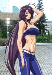 1girl absurdres arm_behind_head arm_up bare_shoulders belt blue_eyes breasts building bursting_breasts cleavage covered_erect_nipples denim hair_over_one_eye highres hip_focus ikkitousen jeans kan&#039;u_unchou large_breasts legs long_hair looking_at_viewer midriff navel no_bra open_mouth pants purple_hair smile solo standing strapless thighs toned tube_top very_long_hair yabusame