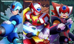 Rule 34 | 3boys, android, arm cannon, armor, axl (mega man), black armor, blonde hair, blue armor, blue eyes, blue helmet, brown hair, character name, chest jewel, cowboy shot, cross scar, en dorzer, energy sword, english text, forehead jewel, green eyes, group picture, gun, helmet, highres, holding, holding gun, holding sword, holding weapon, long hair, male focus, mega man (series), mega man x (series), multiple boys, ponytail, red armor, red helmet, scar, scar on face, spiked hair, sword, weapon, x (mega man), z saber, zero (mega man)