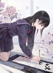 1girl absurdres black_eyes black_hair black_sailor_collar black_serafuku black_shirt black_skirt blush calligraphy calligraphy_brush expressionless highres holding holding_brush indoors ink inkstone kishida_mel kneeling long_hair neckerchief original paintbrush pleated_skirt red_neckerchief sailor_collar school_uniform scroll serafuku shirt skirt sliding_doors solo writing
