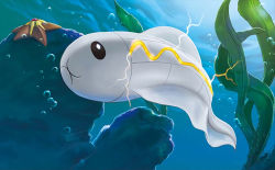 animal_focus black_eyes commentary creatures_(company) electricity english_commentary fish game_freak gen_1_pokemon gen_5_pokemon nintendo no_humans official_art pokemon pokemon_(creature) pokemon_tcg satoshi_nakai seaweed solo_focus staryu third-party_source tynamo underwater water