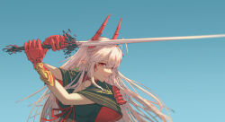 1girl absurdres black_cape blue_sky cape commentary gauntlets highres holding holding_sword holding_weapon horns incredibly_absurdres long_hair looking_at_viewer original pointing pointing_melee_weapon pointing_to_the_side pointy_ears red_cape red_eyes shadowking sky solo sword two-sided_cape two-sided_fabric weapon white_hair