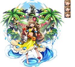 1girl :d barefoot bikini black_bikini bow brown_hair danganronpa:_trigger_happy_havoc danganronpa_(series) ear_bow flower frilled_skirt frills hair_flower hair_ornament hand_up jabberwock_island long_hair looking_at_viewer multiple_views official_art open_mouth palm_tree pink_bow red_flower skirt smile standing statue swimsuit tree usami_(danganronpa) wrist_flower yellow_bikini yellow_skirt