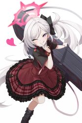 1girl ;q bad_id bag black_boots black_jacket blue_archive boots flower frilled_skirt frills gabang grey_hair hair_flower hair_ornament halo hand_on_own_face heart_sticker highres holding holding_bag jacket long_hair looking_at_viewer miniskirt mutsuki_(blue_archive) one_eye_closed pleated_skirt purple_eyes ribbon school_uniform shoes side_ponytail simple_background skirt smile solo tongue tongue_out white_background white_hair