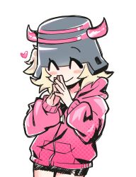 1girl ^_^ artist_self-insert black_shirt black_skirt blonde_hair closed_eyes closed_mouth cowboy_shot cross-laced_slit fake_horns grey_hat halftone hands_up hat heart highres hood hood_down hooded_jacket horned_headwear horns jacket long_sleeves medium_hair miniskirt one_side_up own_hands_together pink_horns pink_jacket player_character_(roblox) puffy_long_sleeves puffy_sleeves roblox ryoko6318 shirt side_slit simple_background skirt smile solo standing steepled_fingers white_background