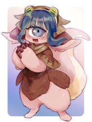 1girl blue_eyes blue_hair brown_capelet brown_headwear capelet cyclops fluffy framed fur furry furry_female highres interlocked_fingers looking_at_viewer made_in_abyss mz_marine one-eyed open_mouth own_hands_clasped own_hands_together pakkoyan sidelocks signature smile solo tail
