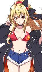 1girl absurdres bikini black_bow black_choker black_coat blue_shorts bow choker coat colored_eyelashes commentary_request cowboy_shot flame_print hair_bow highres kirisame_marisa kirisame_marisa_(witch_of_scarlet_dreams) kirisame_marisa_(witch_of_scarlet_dreams_on_vacation) long_hair looking_at_viewer navel ponytail red_bikini rise_(rise19851203) shorts simple_background smile solo star_(symbol) swimsuit touhou touhou_lostword v-shaped_eyebrows white_background yellow_eyes