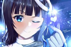 1girl absurdres asaka_karin blue_background blue_eyes blue_hair blue_light blunt_bangs blush commentary_request eternal_light_(love_live!) gloves happy_birthday heart high_heels highres light_particles love_live! love_live!_nijigasaki_high_school_idol_club one_eye_closed ring_hair_ornament sagradafamilial smile sparkle white_gloves