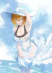 1girl absurdres alternate_costume arm_up armpits bare_shoulders bikini black_bikini blonde_hair blue_sky breasts cleavage closed_eyes cloud cloudy_sky collarbone commentary covered_navel cowboy_shot day dress fangs goddess_of_victory:_nikke hair_between_eyes hat highres kkaijju knees_together_feet_apart large_breasts maxwell_(nikke) medium_hair ocean open_mouth outdoors short_hair short_hair_with_long_locks sidelocks sky smile solo standing sun_hat sundress swimsuit teeth tongue wet white_dress white_hat