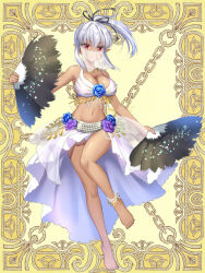 1girl anklet barefoot bikini breasts dark-skinned_female dark_skin dual_wielding feather_fan full_body grey_hair hand_fan holding holding_fan jewelry kerberos_blade kurutia_dorent looking_at_viewer mameta_(tw4) navel necklace pointy_ears ponytail red_eyes solo standing swimsuit veil white_bikini yellow_background