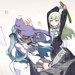2girls animalization bang_dream! bang_dream!_it&#039;s_mygo!!!!! black_dress black_ribbon blue_hair braid cat cat_on_face choker commentary cucumber dated_commentary dress frilled_choker frills green_hair grey_skirt hair_ribbon highres long_hair multiple_girls neck_ribbon newspaper plaid_clothes plaid_skirt ribbon shirt sidelocks simple_background skirt togawa_sakiko two_side_up unmoving_pattern wakaba_mutsumi white_background white_shirt yellow_eyes yuutenji_nyamu yzj21333