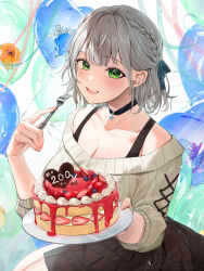 1girl :d absurdres balloon black_choker breasts brown_skirt cake choker cleavage commentary_request cross-laced_clothes cross-laced_sleeves double-parted_bangs food fork green_eyes grey_hair hair_ribbon half_up_braid heart_balloon high-waist_skirt highres holding holding_fork holding_plate hololive jewelry large_breasts looking_at_viewer monokawa_(iurl1z) off-shoulder_sweater off_shoulder official_alternate_costume official_alternate_hairstyle open_mouth pendant plaid_clothes plaid_skirt plate ribbed_sweater ribbon shirogane_noel shirogane_noel_(casual) short_hair skirt smile snowflake_pendant solo strawberry_shortcake sweater teeth upper_teeth_only virtual_youtuber white_sweater