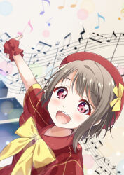 1girl :d beamed_eighth_notes beret bow bowtie brown_hair commentary_request eighth_note hat hat_bow highres love_live! love_live!_nijigasaki_high_school_idol_club musical_note musical_staff nakasu_kasumi open_mouth outstretched_arm piano_keys red_eyes red_hat red_scrunchie scrunchie short_hair short_sleeves smile solo teeth toma_(shinozaki) upper_body upper_teeth_only wide_sleeves wrist_scrunchie yellow_bow yellow_bowtie