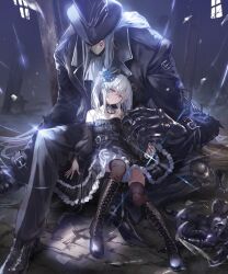Rule 34 | 1boy, 1girl, ascot, bare shoulders, black boots, black bow, black bowtie, black dress, black hat, black jacket, black pants, black shoes, black thighhighs, blue flower, boots, bow, bowtie, breasts, doll, doll joints, dress, flower, frilled dress, frills, full body, hair flower, hair ornament, hat, head tilt, highres, indoors, jacket, joints, knee boots, lace-up boots, lloyd (granblue fantasy), long hair, looking at viewer, medium breasts, official art, orchis, pants, ponzu (catponz), puppet strings, red eyes, second-party source, shadowverse, shadowverse: worlds beyond, shoes, sidelocks, sitting, strapless, strapless dress, thighhighs, top hat, twintails, white ascot, window