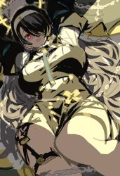 1girl arms_up artist_name black_hair blue_archive blush breasts cleavage_cutout clothing_cutout fbc hair_over_one_eye hair_spread_out halo hinata_(blue_archive) jewelry large_breasts long_hair long_sleeves looking_at_viewer lying nun on_back open_mouth red_eyes sketch solo thighhighs very_long_hair white_thighhighs yellow_halo