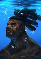 Rule 34 | 1boy, absurdres, adam&#039;s apple, air bubble, artist name, bara, beard, black hair, blue eyes, bubble, commentary, dark-skinned male, dark skin, dreadlocks, english commentary, facial hair, guilty gear, guilty gear strive, highres, lips, looking ahead, male focus, mature male, muscular, muscular male, nagoriyuki, neck focus, nude, parted lips, pectorals, portrait, solo, thick beard, thick neck, tsurime, ultineet, undercut, underwater, very dark skin