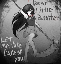Rule 34 | 1girl, absurdres, barefoot, black hair, cabronpr, collared shirt, english text, hair over one eye, half-closed eyes, highres, holding, holding scythe, mari (omori), omori, partially colored, pleated skirt, red rope, ribbon, rope, scythe, shirt, skirt, solo, spot color