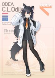 1girl absurdres animal_ear_fluff animal_ears biohazard_symbol black_boots black_gloves black_hair black_pantyhose black_shirt black_skirt black_tail boots cat_girl character_name clothes_writing coat collared_shirt commentary dutch_flag english_commentary english_text fang fingerless_gloves flag food-themed_hair_ornament full_body gloves gradient_background hair_ornament hand_up highres jerry_wang lab_coat long_hair long_sleeves necktie open_clothes open_coat open_mouth orange_hair orange_hair_ornament orange_necktie original pantyhose pleated_skirt shirt simple_background skin_fang skirt sleeves_past_wrists solo standing tail tie_clip white_coat
