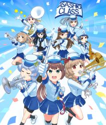 Rule 34 | absurdres, arare (kancolle), asagumo (kancolle), asashio (kancolle), band uniform, bike shorts, black hair, black socks, blue hat, blue skirt, brown hair, commentary request, confetti, dontbuffthepuff, drum, flag, flute, grey hair, hat, highres, instrument, kantai collection, kasumi (kancolle), long hair, majorette, michishio (kancolle), minegumo (kancolle), natsugumo (kancolle), ooshio (kancolle), pleated skirt, saxophone, short hair, shorts, shorts under skirt, side ponytail, skirt, snare drum, socks, trombone, trumpet, tuba, twintails, yamagumo (kancolle)