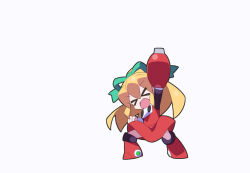 &gt;_&lt; 1girl arm_cannon arm_up blonde_hair chibi dress full_body high_ponytail kaidou_zx long_hair mega_man:_powered_up mega_man_(classic) mega_man_(series) monochrome outline ponytail red_dress red_outline roll_(mega_man) simple_background solo weapon white_background
