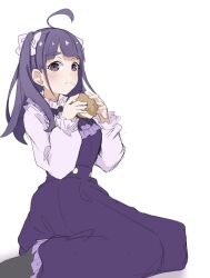 1girl ahoge black_pantyhose blunt_bangs breasts chofu_noriko closed_mouth commentary cream_puff dress eating food food_on_face frilled_dress frilled_shirt frilled_sleeves frills frown full_body highres holding holding_food ikizulive!_love_live!_bluebird large_breasts long_dress looking_at_viewer love_live! pantyhose pinafore_dress purple_dress purple_hair purple_shirt shirt sidelocks simple_background sleeveless sleeveless_dress solo tomoe_(tomoe_200) two_side_up white_background