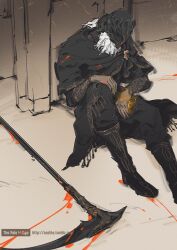 Rule 34 | 1boy, armor, artist name, beard, black boots, black pants, blood, bloody weapon, boots, elden ring: shadow of the erdtree, facial hair, gauntlets, hand on own knee, helmet, knee up, male focus, obscured eyes, pants, scythe, sir ansbach, sitting, solo, thepaleindigo, tumblr username, weapon, white hair