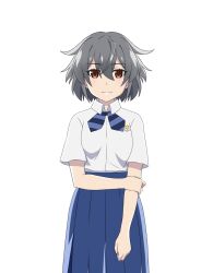 Rule 34 | 1girl, blue bow, blue bowtie, blue skirt, bow, bowtie, brown eyes, closed mouth, collared shirt, cowboy shot, grey hair, hair between eyes, hand on own elbow, higurashi no naku koro ni, higurashi no naku koro ni mei, kimiyoshi kazuho, light smile, official art, pleated skirt, school emblem, school uniform, shirt, short hair, short sleeves, simple background, skirt, solo, st. lucia academy school uniform, standing, striped bow, striped bowtie, striped clothes, summer uniform, tachi-e, transparent background, white shirt