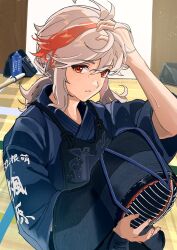 Rule 34 | 1boy, alternate costume, amaguri ya, fencing, fencing suit, genshin impact, grey hair, hair between eyes, highres, kaedehara kazuha, long sleeves, male focus, multicolored hair, red eyes, red hair, solo, streaked hair