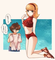 1boy 1girl bikini blonde_hair brown_hair commentary couple cyborg_009 francoise_arnoul green_eyes hair_over_one_eye highres looking_at_viewer makiba_(mgmgcat) ocean shimamura_joe short_hair simple_background swimsuit symbol-only_commentary