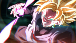 Rule 34 | 1boy, blonde hair, blue eyes, chromatic aberration, commentary request, dragon ball, dragon ball super, earrings, evil grin, evil smile, from above, furrowed brow, goku black, grin, jewelry, male focus, potara earrings, rom (20), smile, solo, super saiyan, super saiyan 1, v-shaped eyebrows