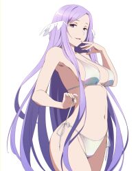1girl bikini breasts highres long_hair looking_at_viewer medium_breasts open_mouth puge purple_eyes purple_hair quinella simple_background smile solo swimsuit sword_art_online sword_art_online:_alicization very_long_hair white_background white_bikini