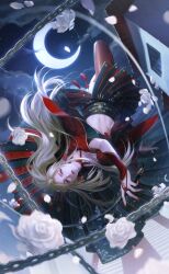 1girl architecture artist_request black_skirt blonde_hair building chain circle_skirt cloud crescent_moon east_asian_architecture expressionless eyelashes falling floating_hair flower full_body game_cg half-closed_eyes highres knee_up lipstick long_hair long_sidelocks long_sleeves looking_at_viewer makeup midriff miniskirt moon nail_polish navel night night_sky nikki_(series) no_eyewear official_art outdoors parted_lips petals red_lips red_nails red_shirt red_thighhighs rose rose_petals shining_nikki shirt sidelocks skirt sky solo spring_(season) thighhighs traveler&#039;s_robe_(shining_nikki) upside-down very_long_hair white_flower white_rose wide_sleeves yellow_eyes zoey_(shining_nikki)
