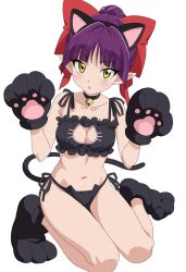 1girl animal_ears animal_hands black_panties blush breasts cat_ears cat_girl cat_lingerie cat_tail cleavage commentary gegege_no_kitarou gloves hair_ornament hair_ribbon highres large_breasts looking_at_viewer meme_attire navel nekokawa_isugi nekomusume nekomusume_(gegege_no_kitarou_6) panties paw_gloves paw_pose purple_hair red_ribbon ribbon simple_background solo tail underwear underwear_only white_background yellow_eyes