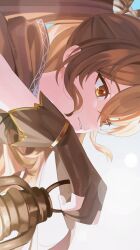 1girl absurdres black_gloves brown_capelet brown_eyes brown_hair capelet cho_913 crossed_bangs double-parted_bangs feather_hair_ornament feathers gloves hair_between_eyes hair_ornament highres holding holding_lantern hololive hololive_english hood hooded_capelet lantern long_hair nanashi_mumei nanashi_mumei_(1st_costume) parted_lips partially_fingerless_gloves ponytail solo tearing_up virtual_youtuber