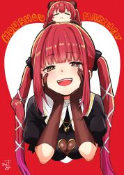 Rule 34 | 2girls, :d, black bow, black shirt, blush, bow, breasts, brown eyes, brown gloves, brown leotard, character name, chibi, chibi on head, cleavage cutout, clothing cutout, commentary request, crop top, dual persona, elbow gloves, gloves, gradient hair, hair bow, half-closed eyes, hands on own face, hands up, heart cutout, heterochromia, highres, hololive, houshou marine, houshou marine (ahoy!! you&#039;re all pirates), kiritoma, large breasts, leotard, leotard under clothes, looking at viewer, mini person, minigirl, multicolored hair, multiple girls, on head, open mouth, puffy short sleeves, puffy sleeves, purple hair, red background, red eyes, red hair, shirt, short sleeves, smile, twintails, virtual youtuber, white background