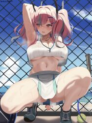 1girl absurdres arm_behind_back arm_up armpits azur_lane bag ball bare_shoulders beach black_panties blue_sky blush breasts bremerton_(azur_lane) bremerton_(scorching-hot_training)_(azur_lane) chain-link_fence cleavage cloud collarbone commentary crop_top crop_top_overhang day fence full_body green_shoes green_skirt grey_hair hair_between_eyes hair_intakes hair_ornament heart heart_necklace highres jewelry large_breasts long_hair looking_to_the_side mole mole_on_breast mole_under_eye multicolored_hair navel necklace nobukusa0209 ocean official_alternate_costume open_mouth outdoors panties pantyshot pink_eyes pink_hair pleated_skirt presenting_armpit racket shadow shirt shoes sidelocks skirt sky sleeveless sleeveless_shirt sneakers solo sportswear squatting steaming_body stomach streaked_hair sweat teeth tennis_ball tennis_racket tennis_uniform twintails twitter_username two-tone_hair two-tone_shirt two-tone_skirt underboob underwear upper_teeth_only white_shirt white_skirt x_hair_ornament