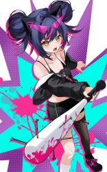 1girl ahoge azur_lane bare_shoulders baseball_bat black_bra black_hair black_jacket black_thighhighs bra breasts commission double_bun flat_chest hair_bun highres holding holding_baseball_bat jacket kamina_shades looking_at_viewer multicolored_hair official_alternate_costume open_mouth petite pixiv_commission purple-tinted_eyewear purple_hair single_thighhigh small_breasts solo spiked_bat streaked_hair svirepy_(azur_lane) svirepy_(rebellious_artist)_(azur_lane) textless_version thighhighs tinted_eyewear underwear yamaha_tsui yellow_eyes