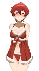 1girl absurdres arms_behind_back babydoll bare_shoulders blue_eyes blush breasts cleavage collarbone cowboy_shot embarrassed fur-trimmed_panties fur_trim hair_between_eyes half-closed_eyes highres idolmaster idolmaster_million_live! idolmaster_million_live!_theater_days jonero99 julia_(idolmaster) lingerie looking_at_viewer medium_breasts navel panties red_babydoll red_hair red_panties santa_costume santa_panties short_hair simple_background sleeveless solo standing thighs underwear white_background