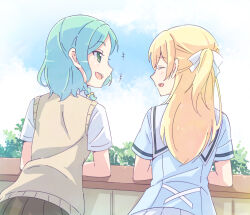 2girls back bang_dream! blonde_hair blue_sky closed_eyes commentary_request e20 green_eyes hanasakigawa_school_uniform haneoka_school_uniform hikawa_hina multiple_girls open_mouth school_uniform shirasagi_chisato sky smile sweater_vest