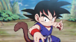 Rule 34 | 1boy, black eyes, black hair, chromatic aberration, commentary request, dragon ball, dragon ball (classic), fighting stance, frown, male focus, monkey tail, rom (20), serious, solo, son goku, tail, wristband