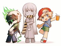 1boy 2others appleheart04 apron arm_up black_apron black_visor blonde_hair blue_eyes blue_hoodie blue_pants boots cashier_(gasa4) closed_mouth coat colored_skin dummy_(gasa4) full_body get_a_snack_at_4_am green_eyes grey_boots grey_coat highres hood hoodie humanization lapels looking_at_viewer multiple_others notched_lapels open_mouth pants player_(gasa4) red_shoes roblox scarf shoes short_hair sleeveless sleeveless_hoodie smile socks striped_clothes striped_scarf white_hair white_socks yellow_skin