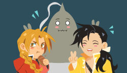 3boys alphonse_elric andythelemon black_hair blonde_hair braid brown_eyes closed_eyes eating edward_elric eyebrows eyelashes food fullmetal_alchemist holding holding_food jacket light_blush ling_yao long_hair long_sleeves male_focus multiple_boys peace_symbol red_jacket sandwich yellow_jacket