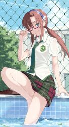 Rule 34 | 1girl, ;3, absurdres, arm support, blue eyes, blue hairband, blue sky, breasts, brown hair, brown shoes, chain-link fence, closed mouth, cloud, collared shirt, commentary request, day, fence, glasses, green necktie, green skirt, hair between eyes, hairband, highres, hitempo, long hair, looking at viewer, low twintails, makinami mari illustrious, medium breasts, miniskirt, necktie, neon genesis evangelion, one eye closed, outdoors, parted bangs, plaid clothes, plaid skirt, pool, poolside, rebuild of evangelion, red-framed eyewear, school, school uniform, semi-rimless eyewear, shadow, shirt, shoes, short sleeves, sidelocks, sitting, skirt, sky, smile, soaking feet, solo, twintails, under-rim eyewear, unworn shoes, water, wet, white shirt
