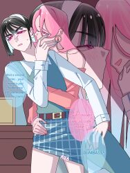 Rule 34 | 2girls, alien stage, belt, black hair, blue skirt, blue sweater vest, blush, commentary, earrings, english commentary, fingernails, grabbing another&#039;s breast, groping, hairband, hand on another&#039;s waist, highres, hoop earrings, jewelry, long fingernails, long hair, long sleeves, mizi (alien stage), multiple girls, open mouth, pink hair, pink nails, plaid clothes, plaid skirt, purple eyes, school uniform, shirt, short hair, skeebeedick, skirt, smile, sua (alien stage), sweater vest, white hairband, white shirt, yuri