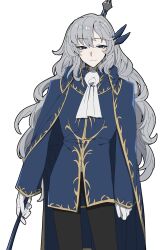 1boy argalia_(project_moon) ascot black_pants blue_cape blue_eyes blue_jacket cape closed_mouth gloves gold_trim grey_hair highres holding holding_scythe jacket library_of_ruina long_hair narrowed_eyes pants project_moon scythe sidelocks simple_background smile solo very_long_hair white_ascot white_background white_gloves yagidon