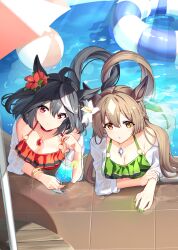 Rule 34 | 2girls, animal ears, ass, ball, beachball, bikini, black hair, black tail, blush, breasts, brown hair, brown tail, cleavage, closed mouth, commentary request, cup, diamond (shape), drinking glass, fingernails, flower, frilled bikini top, green bikini, green nails, hair flower, hair ornament, highres, holding, holding cup, horse ears, horse girl, horse tail, jewelry, kitasan black (umamusume), large breasts, long hair, looking at viewer, multiple girls, nail polish, necklace, poolside, red bikini, red flower, red nails, satono diamond (umamusume), shirt, short hair, smile, striped innertube, sunny (20597521), swimsuit, tail, two side up, umamusume, wet, wet clothes, wet shirt, white flower, white hair, white streaks