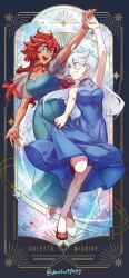 Rule 34 | 2girls, ahoge, ani lu, artist name, blue eyes, breasts, card (medium), character name, chinese commentary, choker, cleavage, commentary request, dancing, dark-skinned female, dark skin, dress, earrings, eye contact, full body, grey eyes, grin, gundam, gundam suisei no majo, hair down, holding hands, jewelry, large breasts, leg up, long hair, looking at another, medium breasts, miorine rembran, multiple girls, necklace, open mouth, red hair, shoes, smile, suletta mercury, teeth, twitter username, upper teeth only, white hair, yuri